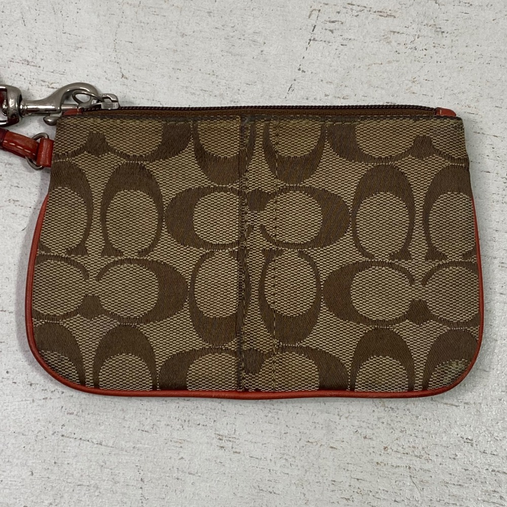 Coach Signature Monogram Canvas Wristlet Brown Orange Trim Y2K Zip Pouch - Picture 2 of 8